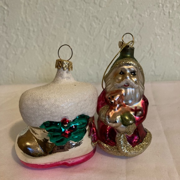 2 vintage antique glass Christmas tree ornament red Santa Claus and Boot - Picture 2 of 4